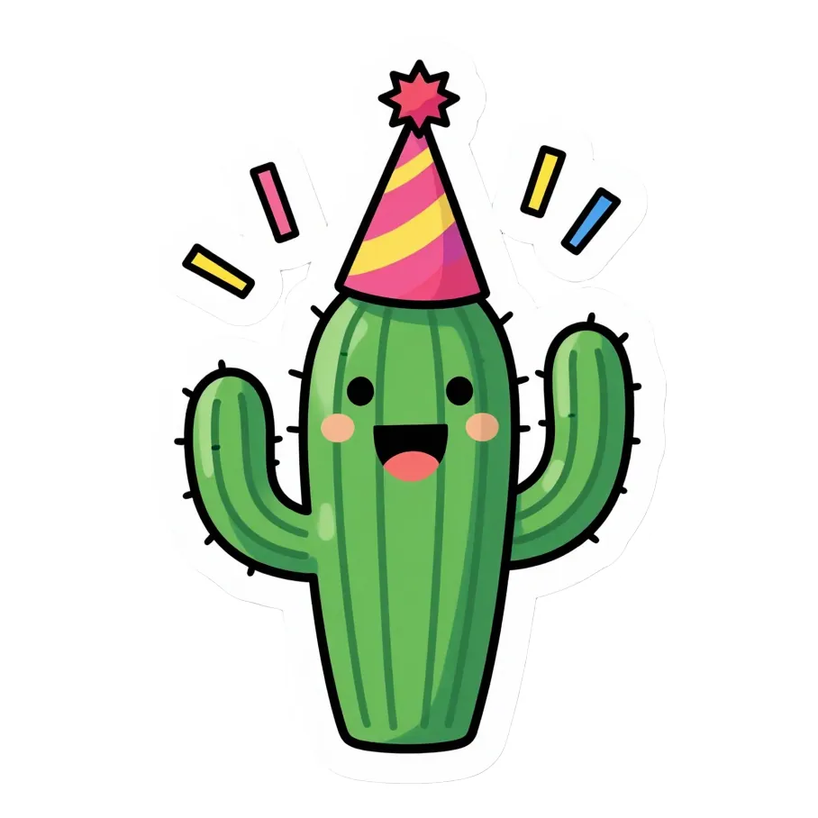a happy cactus in a party hat throwing confetti