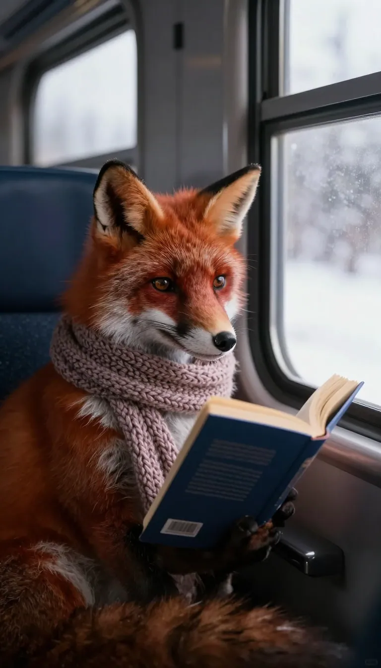 a red fox in a knitted scarf reading a paperback in a snowy train carriage, warm window light, cinematic film still