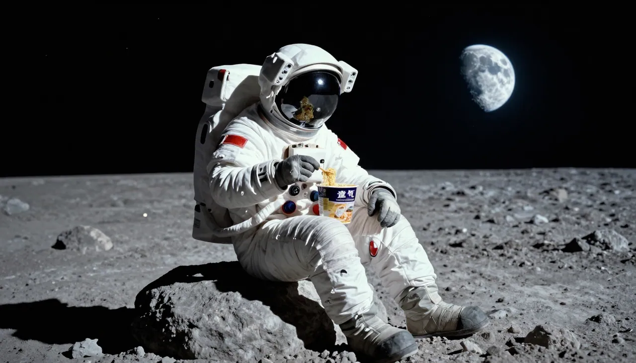 an astronaut sitting on a lunar rock eating instant noodles, Earth rising in the black sky, cinematic
