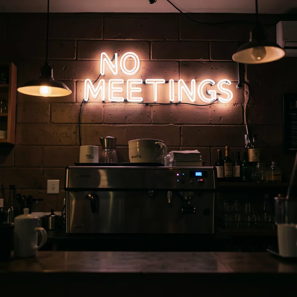 a glowing neon sign that says NO MEETINGS above an espresso machine, moody bar lighting