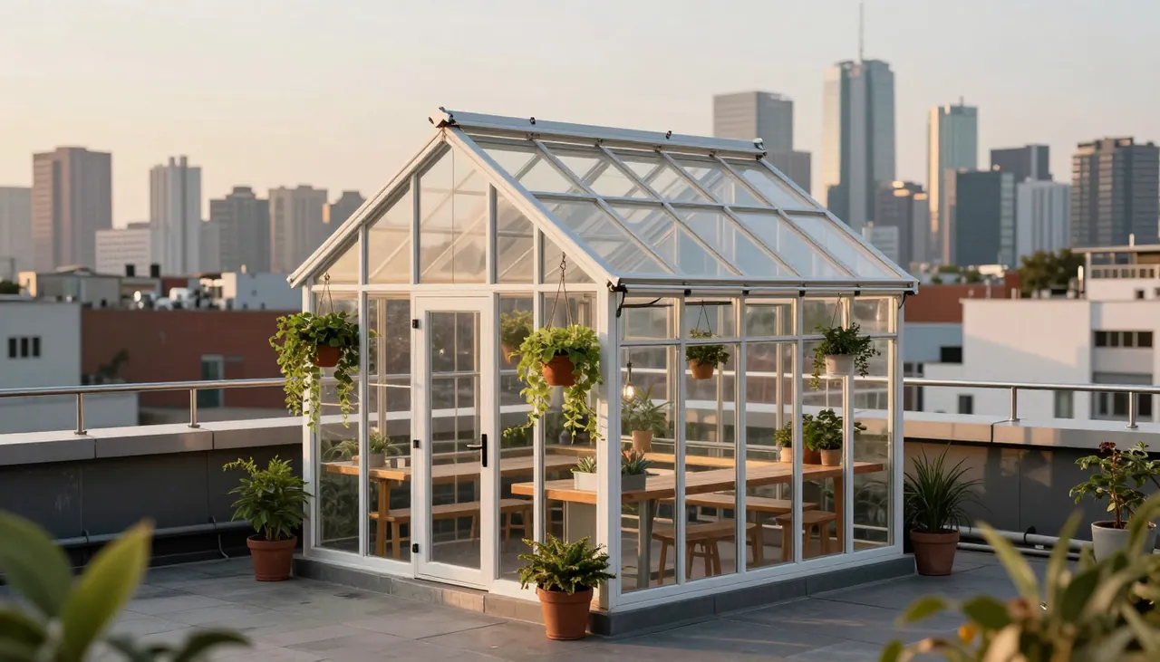 a tiny glass greenhouse cafe on a city rooftop at golden hour, hanging plants, skyline behind, photorealistic